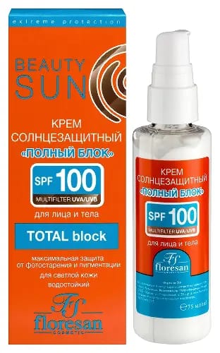 Floresan beauty sun солнцезащитный крем «полный блок» spf100 75 мл