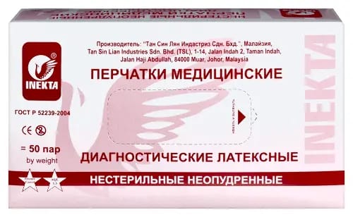 Перчатки диагностические INEKTA латексные нестерильные неопудренные 50 пар M/белый